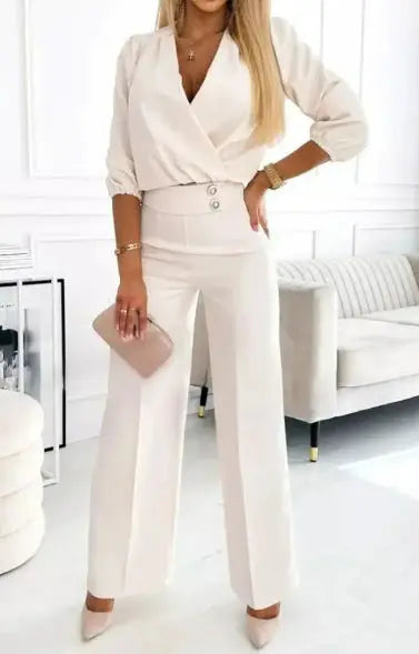 V-neck Top And Two-button Trousers 2-piece Suit Aurélia