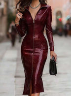 Womens Stylish Glossy Crocodile-Print Midi Dress With Zipper Aurélia