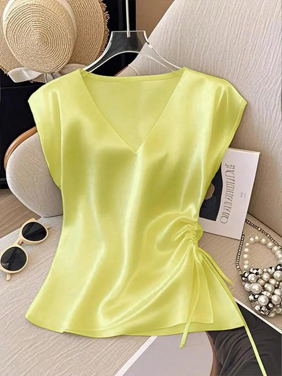 Satin V-Neck Top With Drawstring Hem Aurélia
