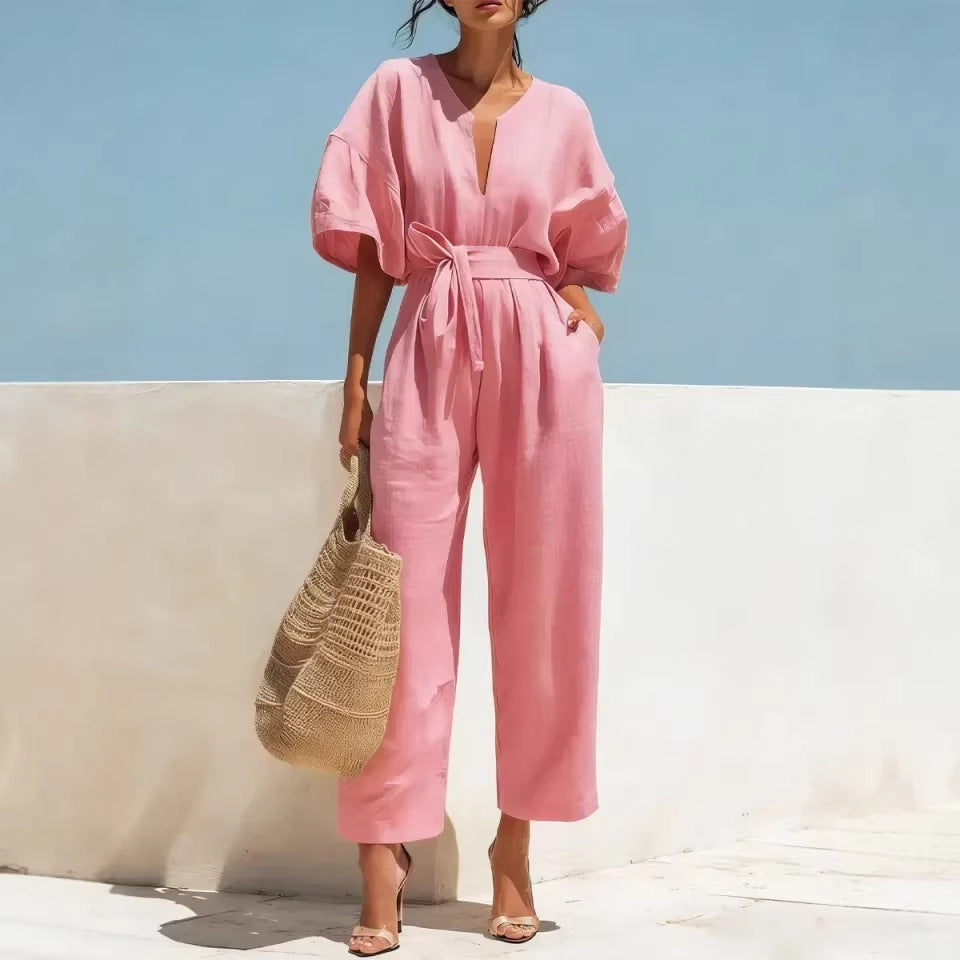 Fashionable V-Neck Solid Cotton-Linen Jumpsuit Beachwear Dress For Women Aurélia