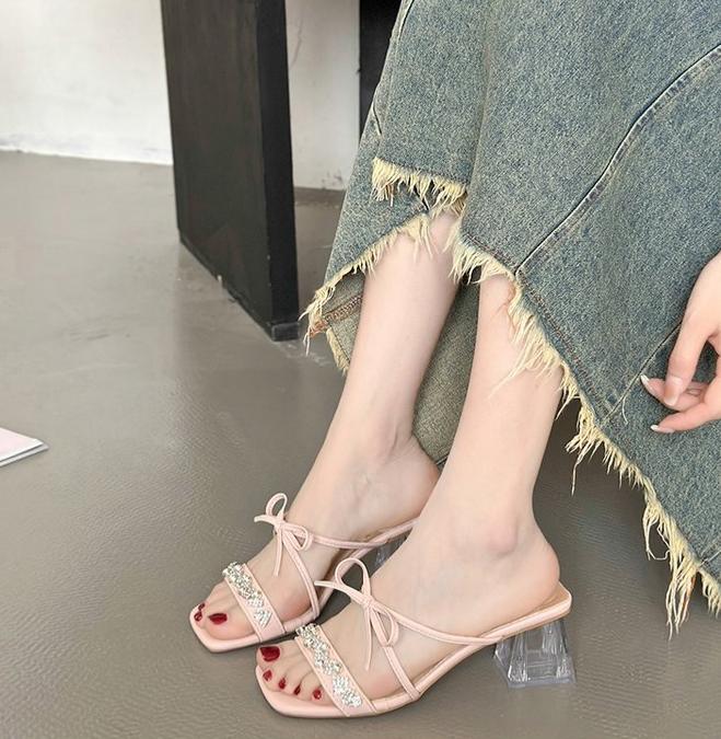 Square Bow Water Diamond Sandals With Exquisite Fairy Style Cool Slippers Aurélia