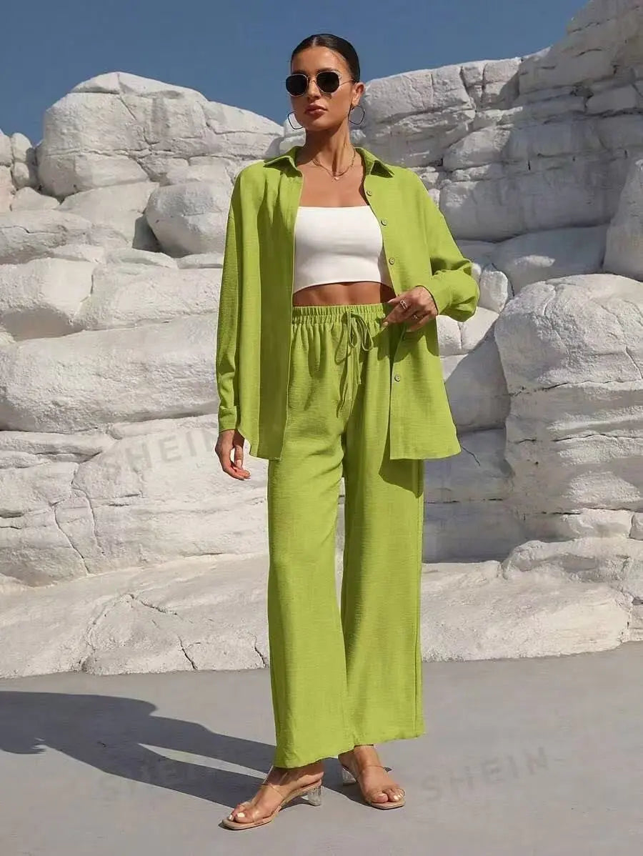 Extra Light Summer Long Sleeve Shirt And Straight Pants Set Aurélia