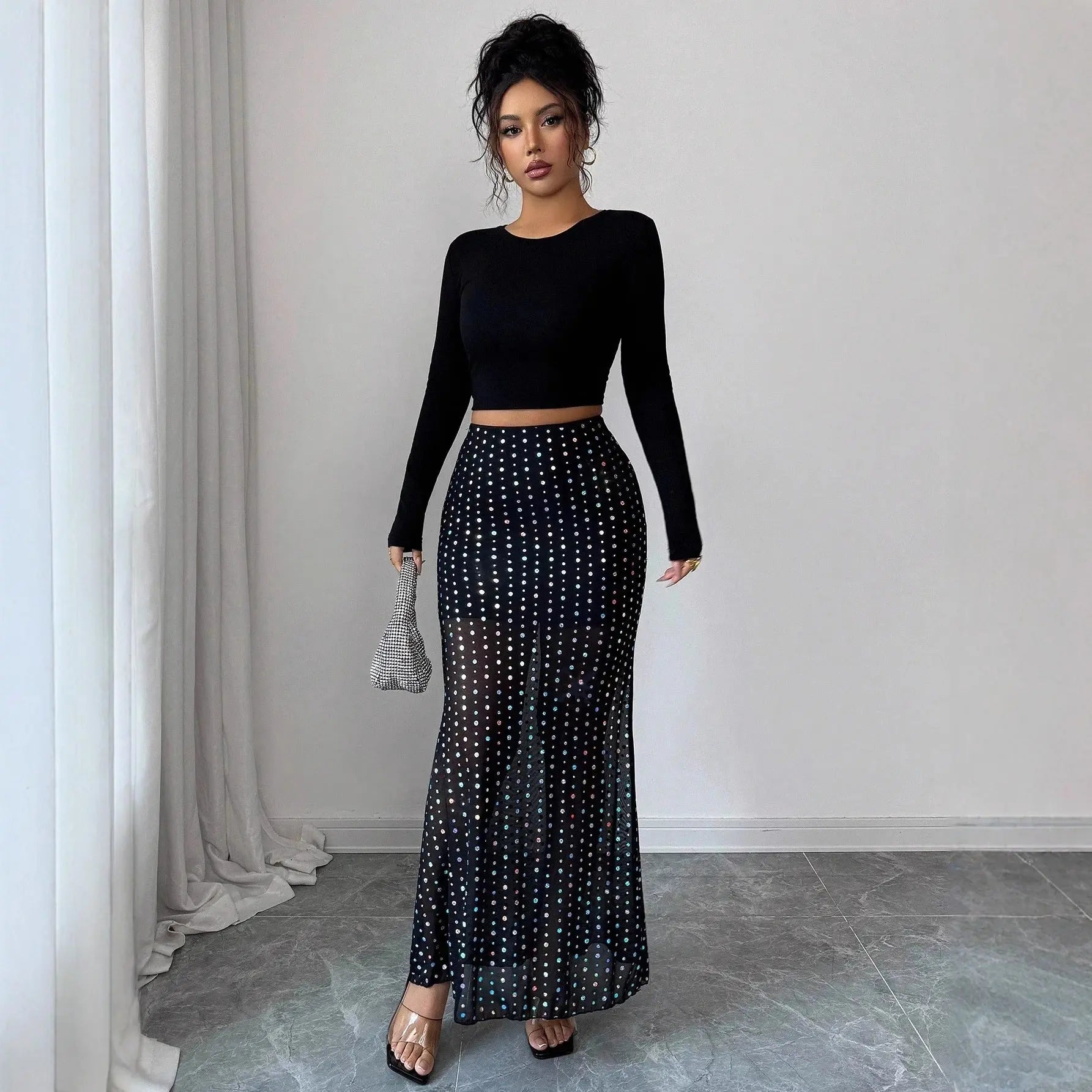 Shimmery Sequin Doublelayer Mesh Highwaist Skirt Aurélia