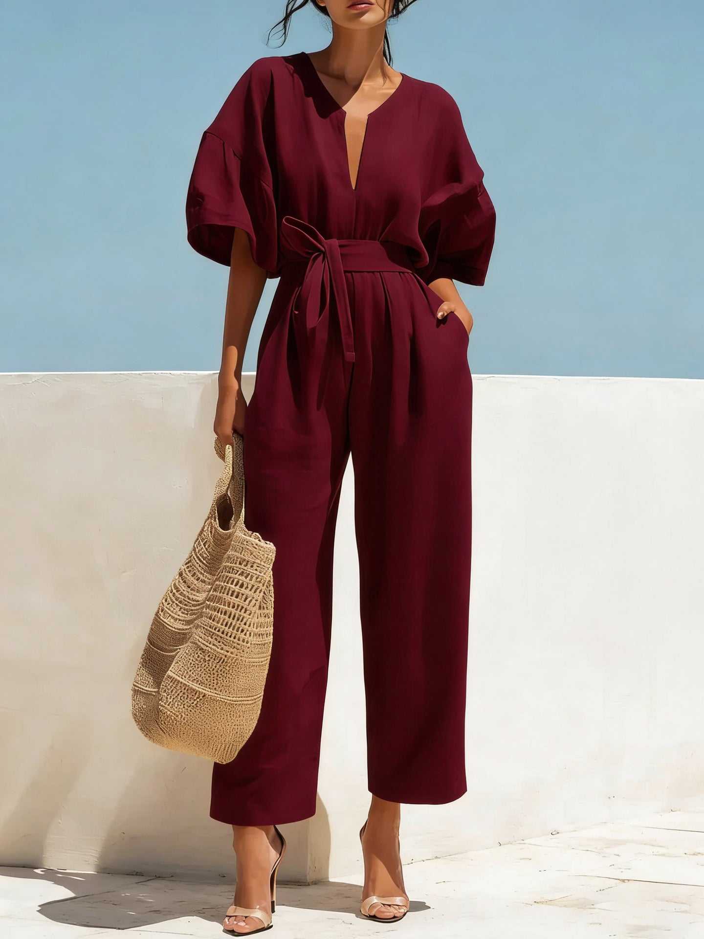 Fashionable V-Neck Solid Cotton-Linen Jumpsuit Beachwear Dress For Women Aurélia