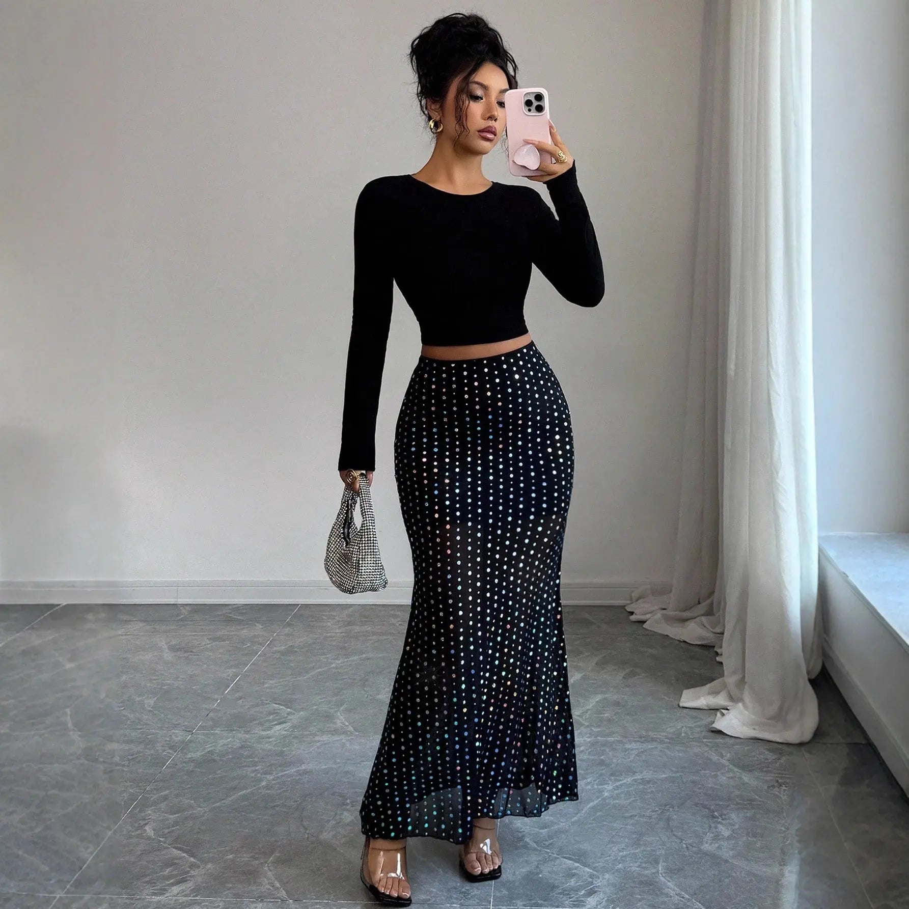 Shimmery Sequin Doublelayer Mesh Highwaist Skirt Aurélia