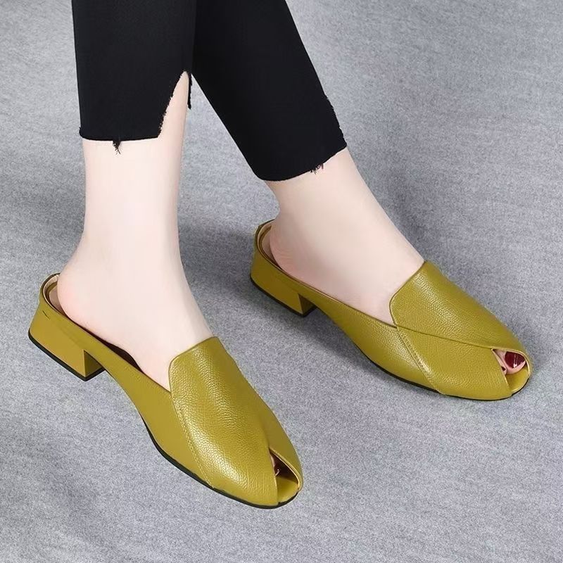 New Summer Women's Peep Toe Thick Heel Fashion Slippers, Soft Leather Outdoor Sandals Aurélia