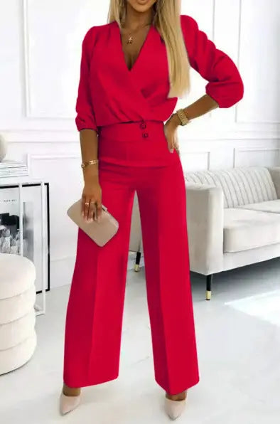 V-neck Top And Two-button Trousers 2-piece Suit Aurélia