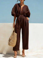 Fashionable V-Neck Solid Cotton-Linen Jumpsuit Beachwear Dress For Women Aurélia