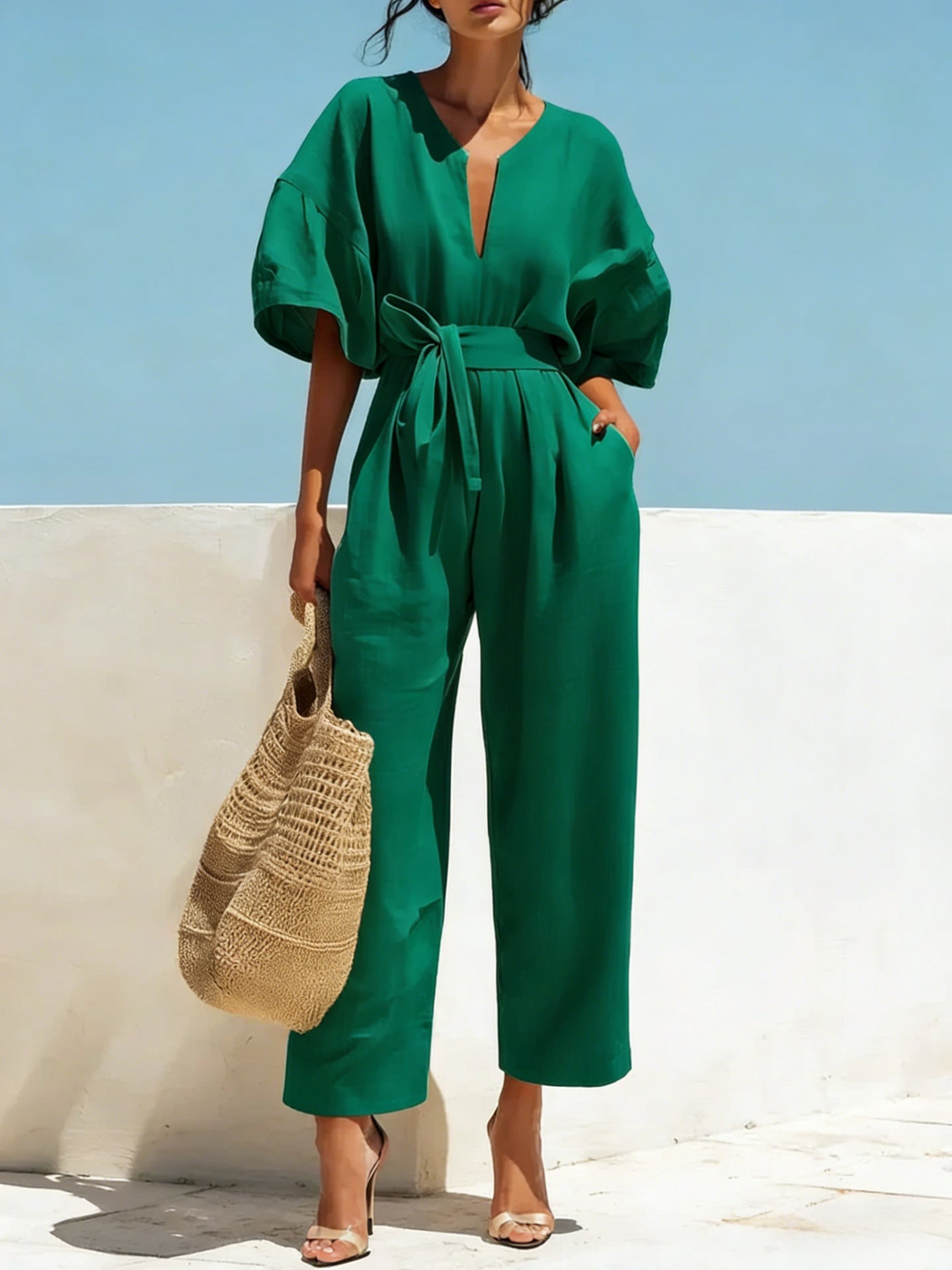 Fashionable V-Neck Solid Cotton-Linen Jumpsuit Beachwear Dress For Women Aurélia