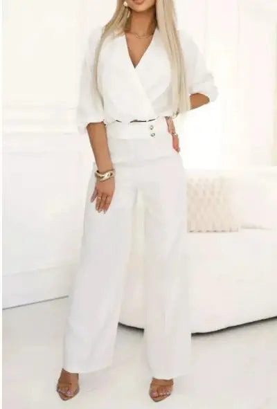 V-neck Top And Two-button Trousers 2-piece Suit Aurélia
