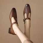Soft Leather Brown T-strap Chunky Heel Pumps Aurélia