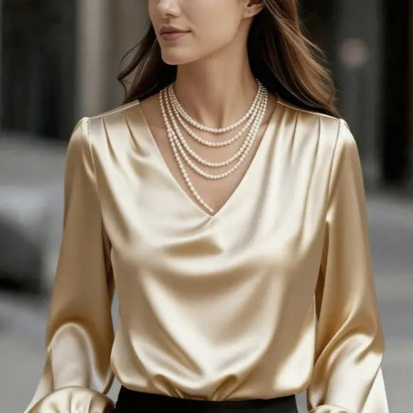 Bubble Sleeve V-neck Satin Blouse Aurélia