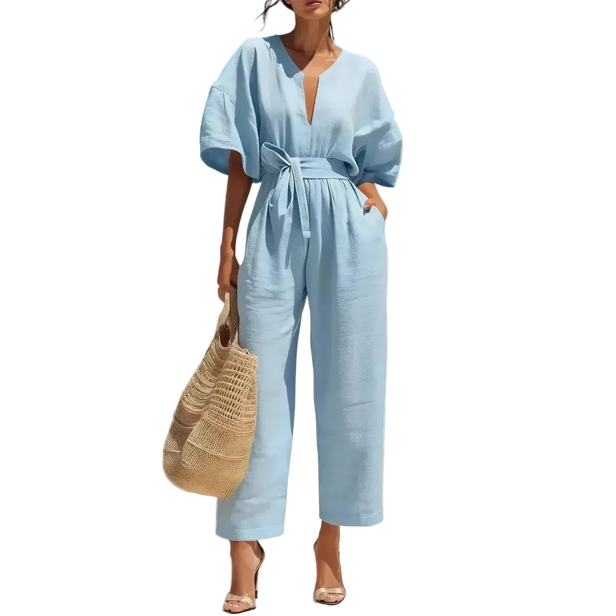 Fashionable V-Neck Solid Cotton-Linen Jumpsuit Beachwear Dress For Women Aurélia