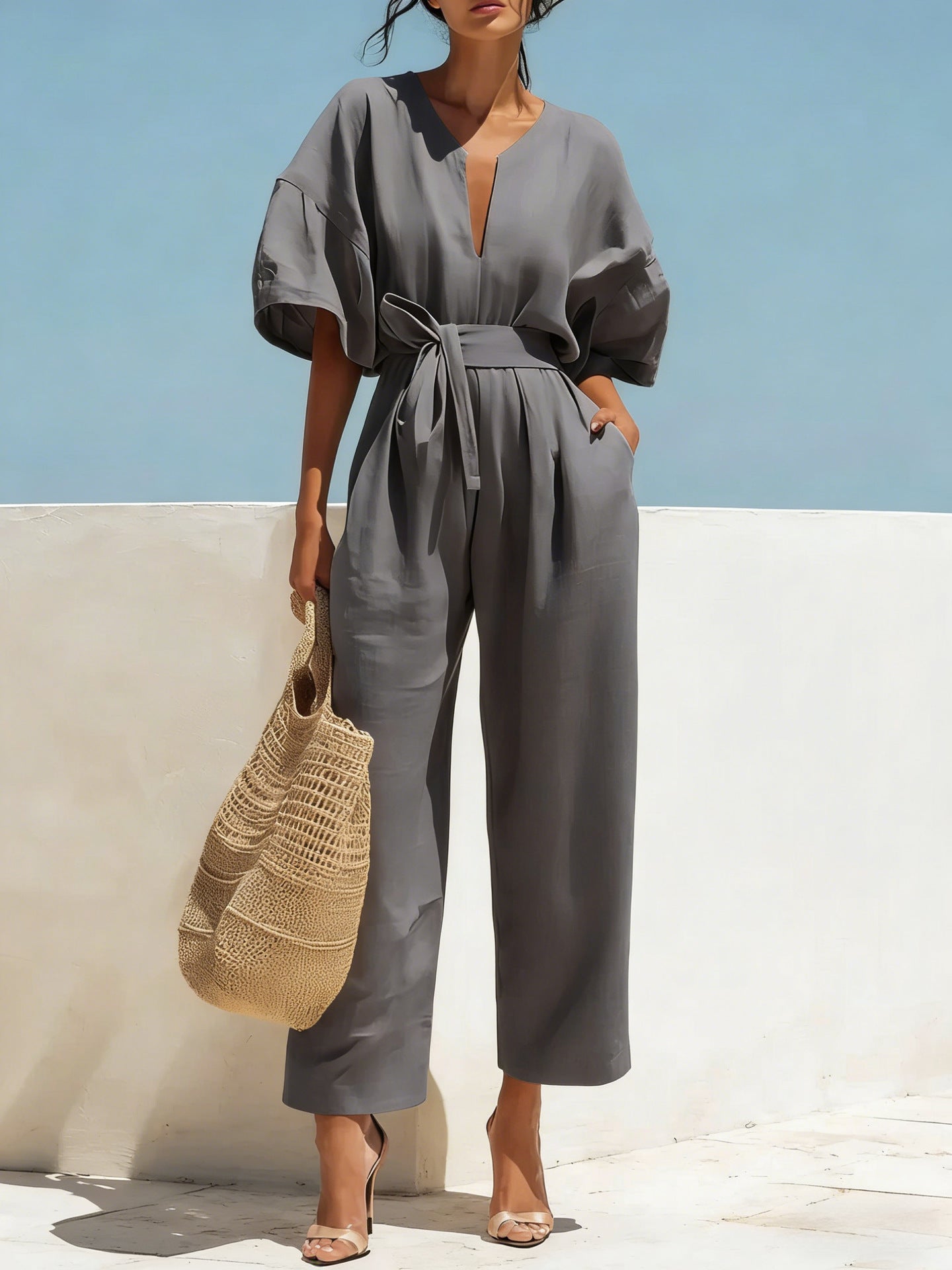 Fashionable V-Neck Solid Cotton-Linen Jumpsuit Beachwear Dress For Women Aurélia