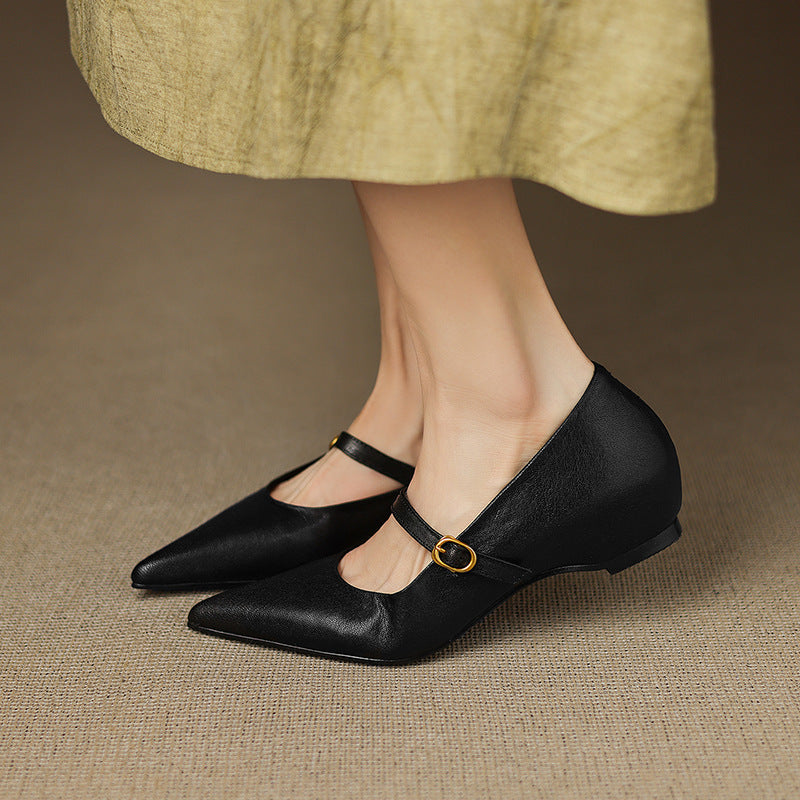 French Retro Sheepskin Pointed Toe Pumps Women's Shallow Shoe Aurélia