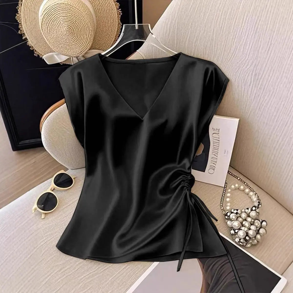 Satin V-Neck Top With Drawstring Hem Aurélia