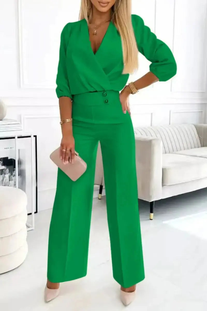 V-neck Top And Two-button Trousers 2-piece Suit Aurélia