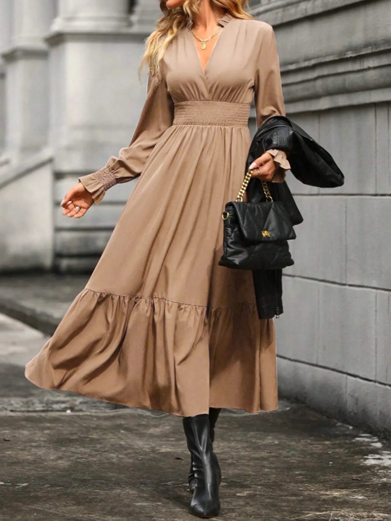 Lantern Long Sleeve V-neck Dress Aurélia