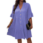 Women's V-neck Buttoned Long-Sleeve Flare-Sleeve Dress Aurélia