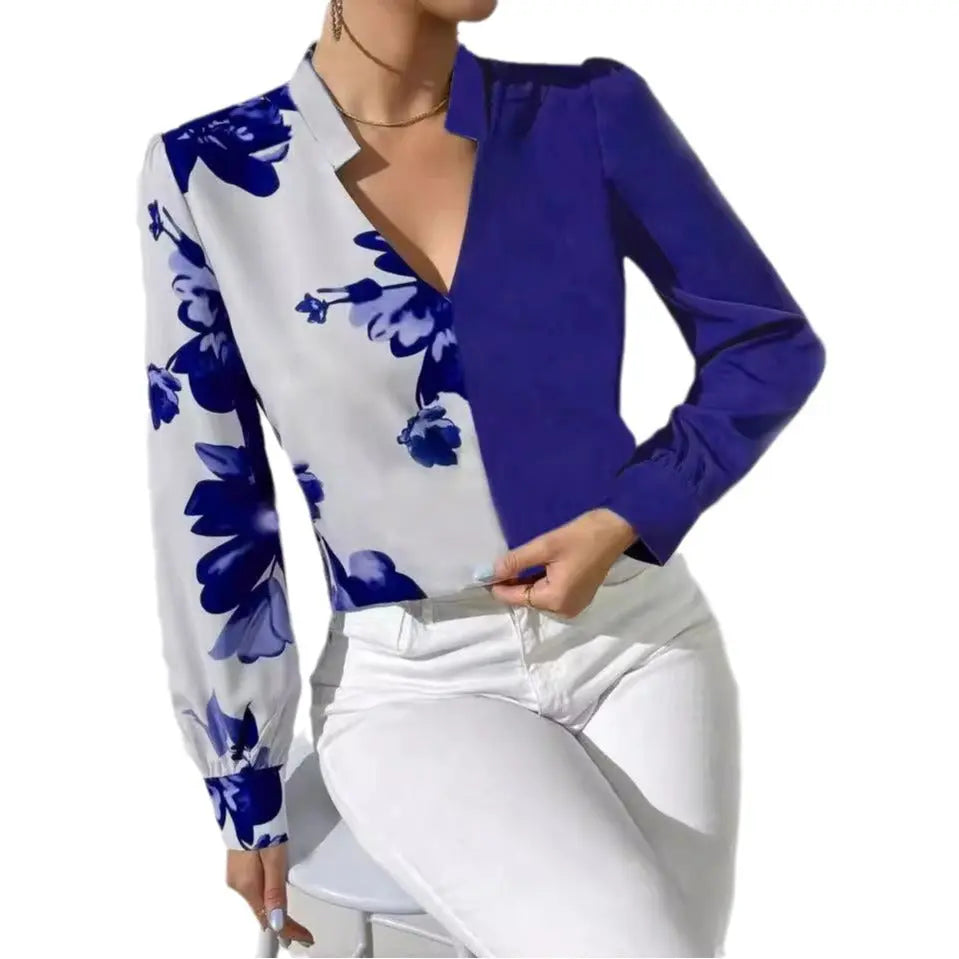 Printed Arrow-head Neck Blouse Long Sleeve Aurélia