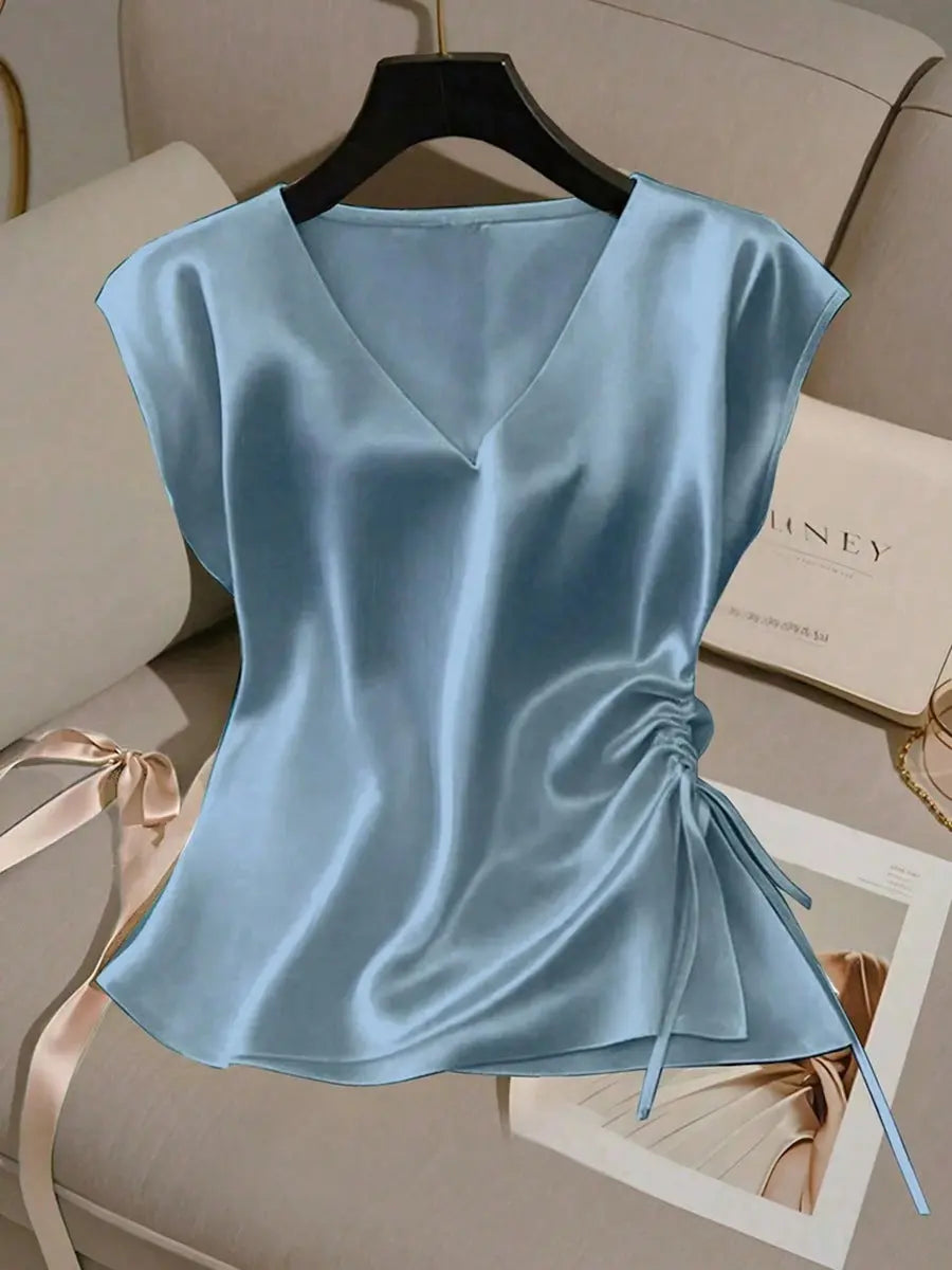 Satin V-Neck Top With Drawstring Hem Aurélia