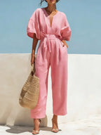 Fashionable V-Neck Solid Cotton-Linen Jumpsuit Beachwear Dress For Women Aurélia