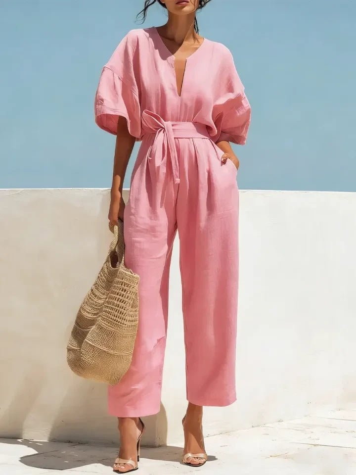 Fashionable V-Neck Solid Cotton-Linen Jumpsuit Beachwear Dress For Women Aurélia