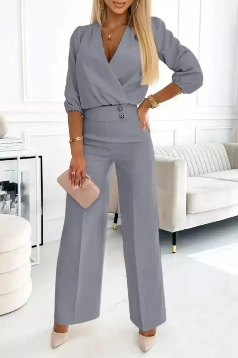 V-neck Top And Two-button Trousers 2-piece Suit Aurélia