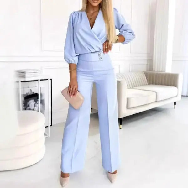 V-neck Top And Two-button Trousers 2-piece Suit Aurélia