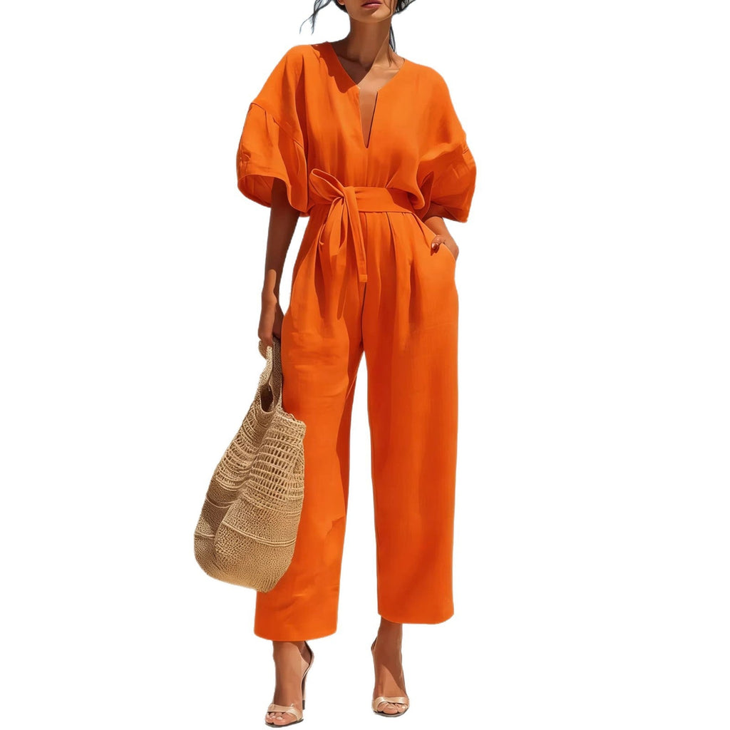 Fashionable V-Neck Solid Cotton-Linen Jumpsuit Beachwear Dress For Women Aurélia