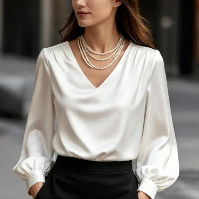 Bubble Sleeve V-neck Satin Blouse Aurélia