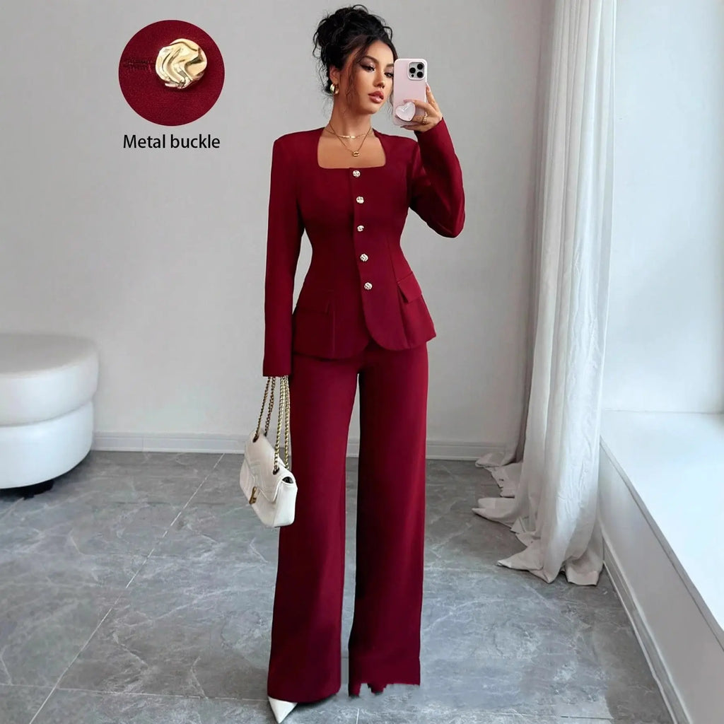 Defined-Waistline Long-Sleeve Top And Wide-Leg Pants Set Aurélia