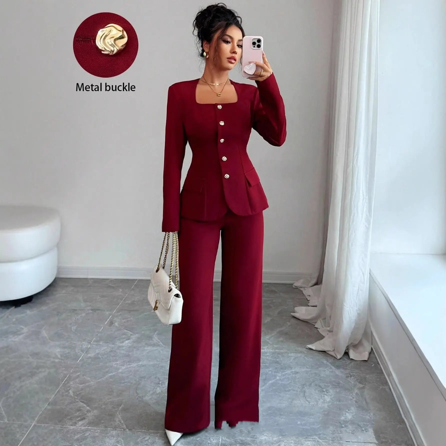 Defined-Waistline Long-Sleeve Top And Wide-Leg Pants Set Aurélia