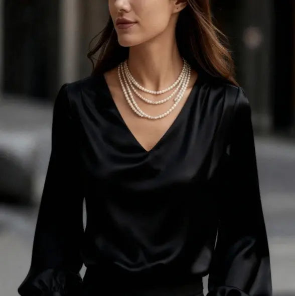 Bubble Sleeve V-neck Satin Blouse Aurélia