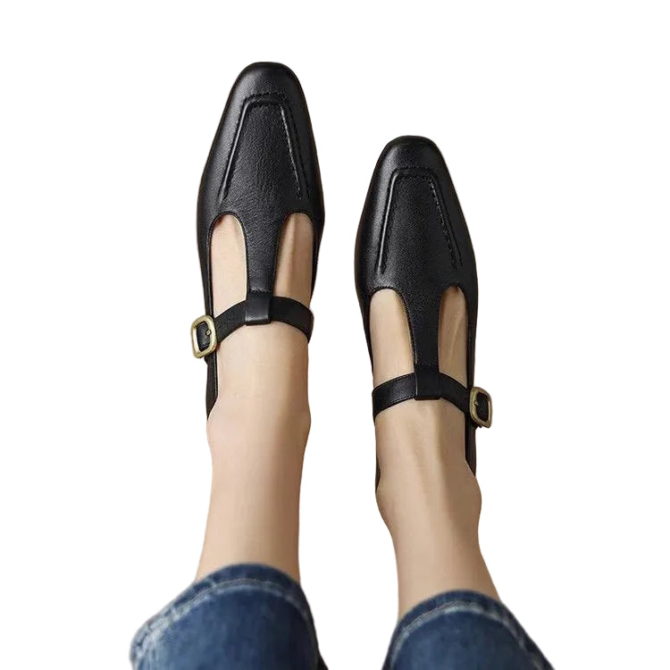 Soft Leather Brown T-strap Chunky Heel Pumps Aurélia