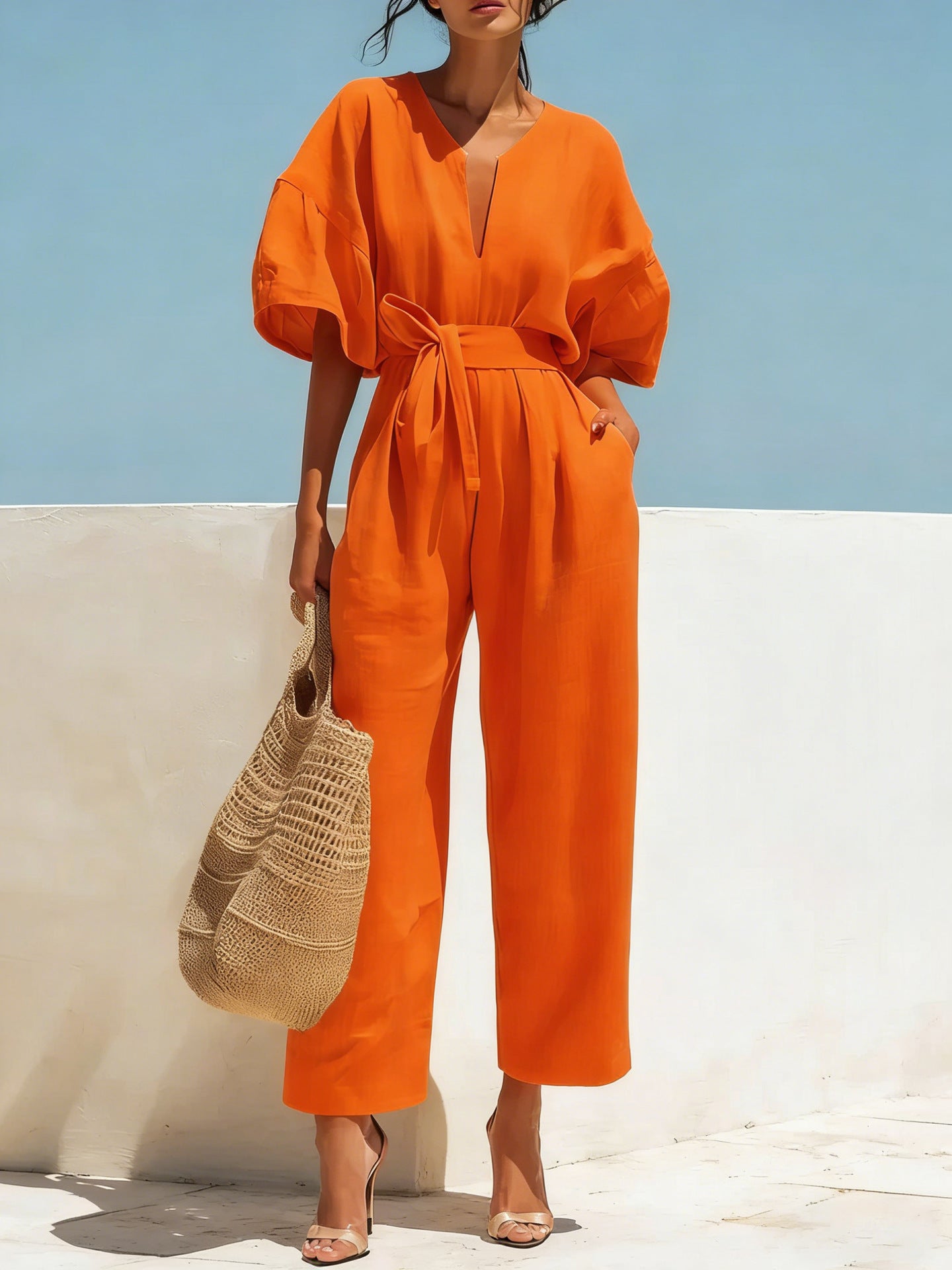 Fashionable V-Neck Solid Cotton-Linen Jumpsuit Beachwear Dress For Women Aurélia