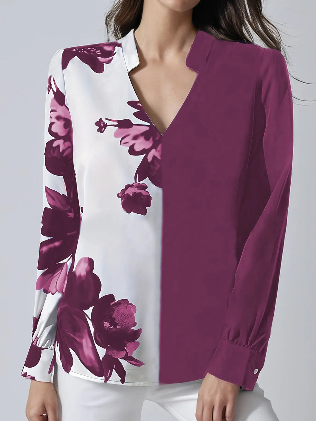 Printed Arrow-head Neck Blouse Long Sleeve Aurélia