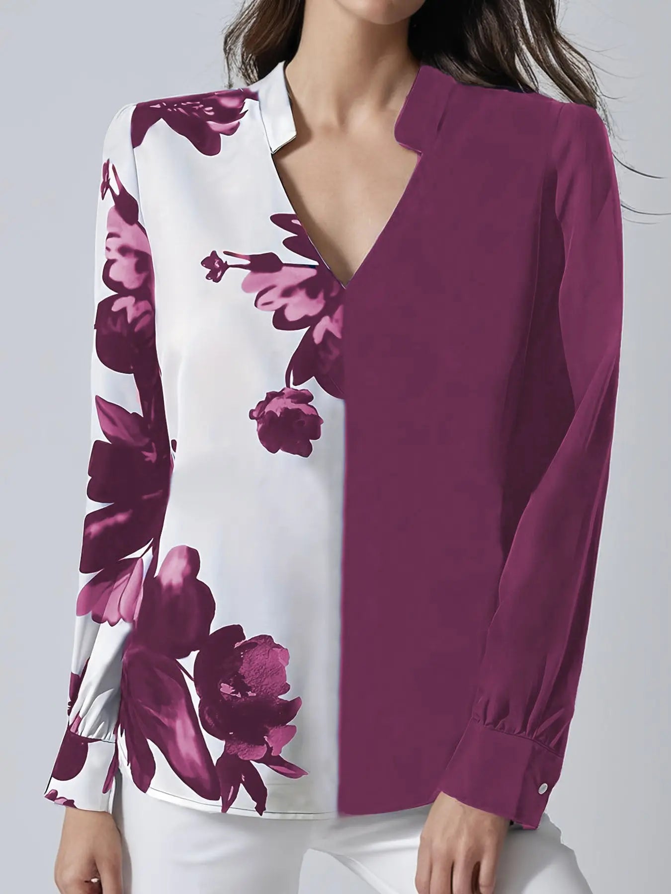 Printed Arrow-head Neck Blouse Long Sleeve Aurélia