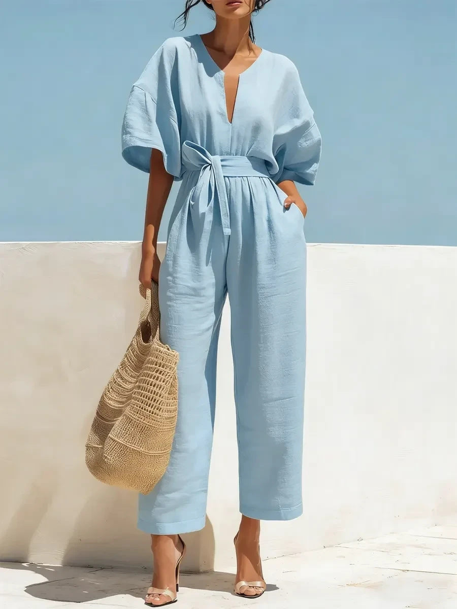 Fashionable V-Neck Solid Cotton-Linen Jumpsuit Beachwear Dress For Women Aurélia