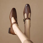 Soft Leather Brown T-strap Chunky Heel Pumps Aurélia