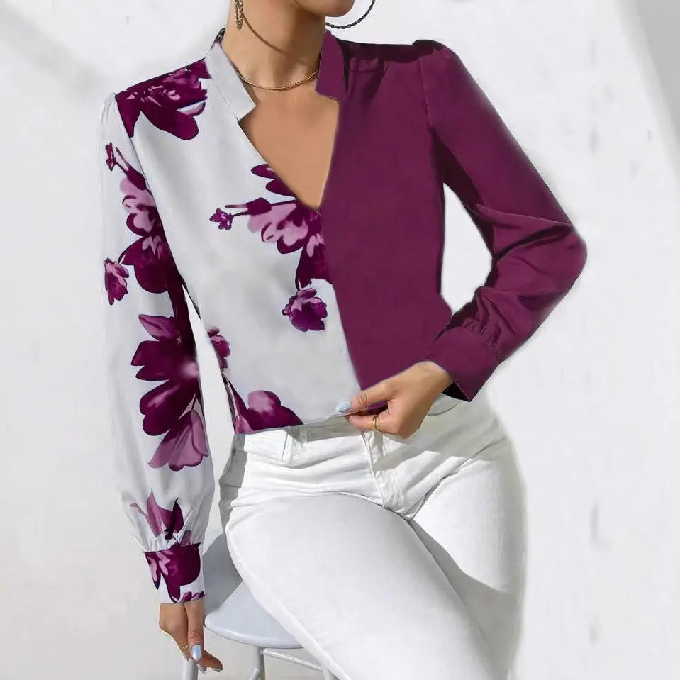 Printed Arrow-head Neck Blouse Long Sleeve Aurélia