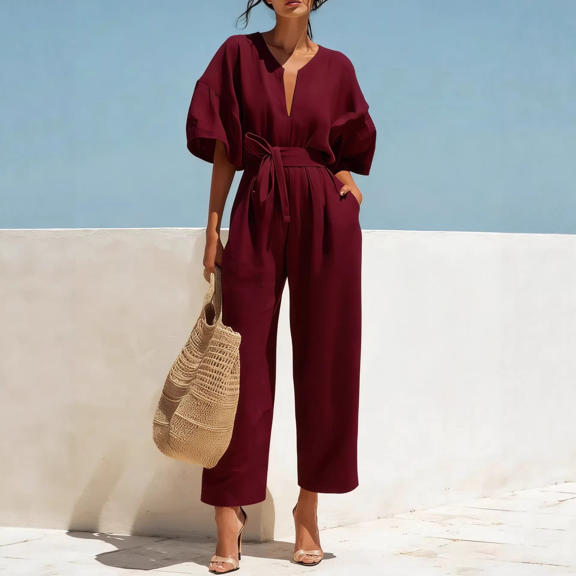 Fashionable V-Neck Solid Cotton-Linen Jumpsuit Beachwear Dress For Women Aurélia