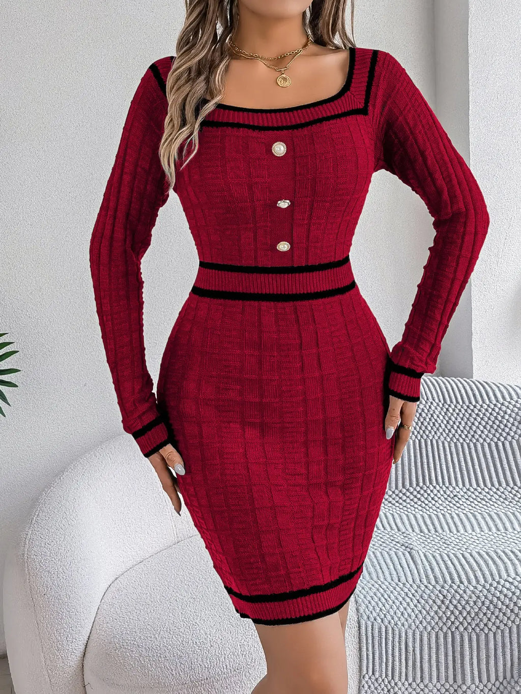 Square Neck Long Sleeve Sweater Dress Aurélia