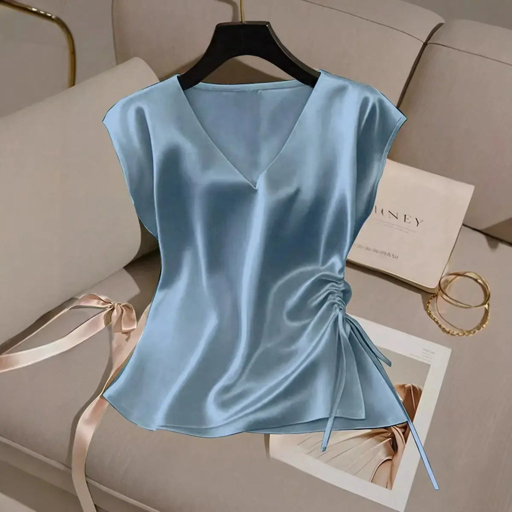 Satin V-Neck Top With Drawstring Hem Aurélia
