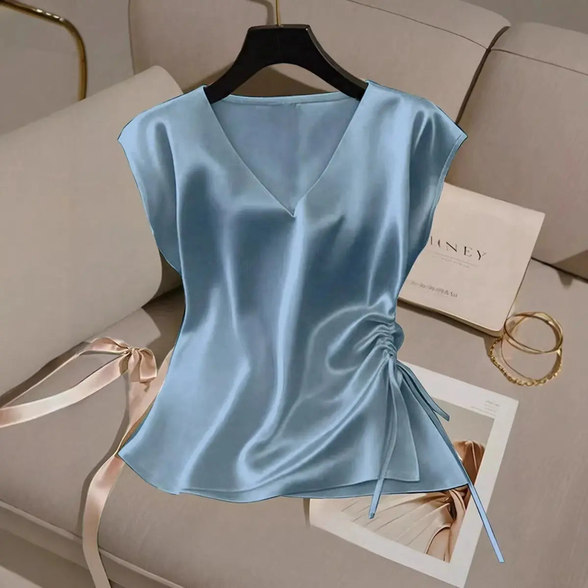 Satin V-Neck Top With Drawstring Hem Aurélia