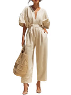 Fashionable V-Neck Solid Cotton-Linen Jumpsuit Beachwear Dress For Women Aurélia