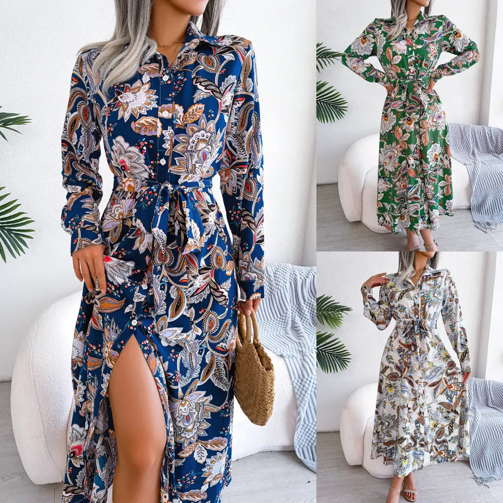 Retro Floral Belted Shirt Dress Ankle-Length Aurélia
