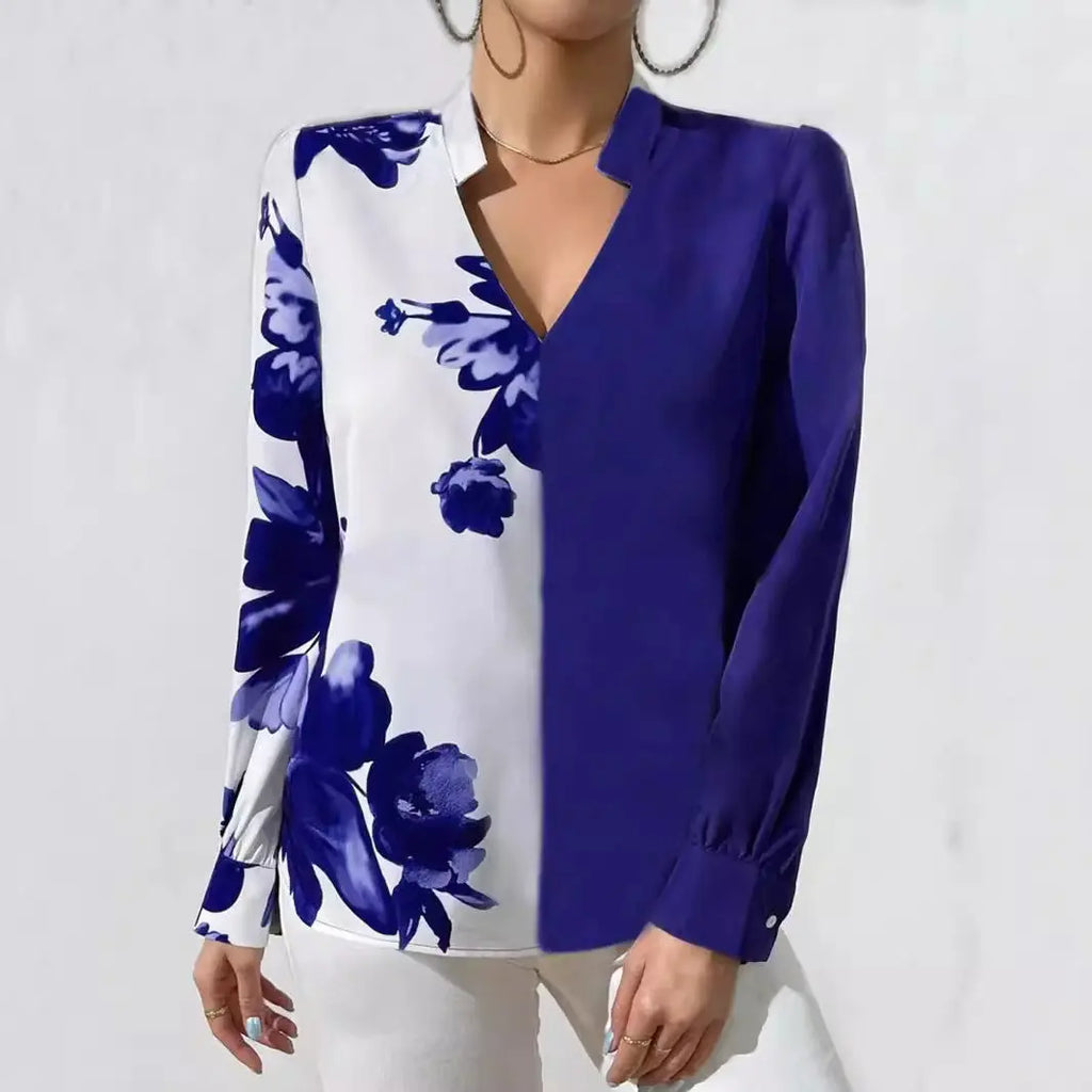 Printed Arrow-head Neck Blouse Long Sleeve Aurélia