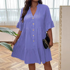 Women's V-neck Buttoned Long-Sleeve Flare-Sleeve Dress Aurélia