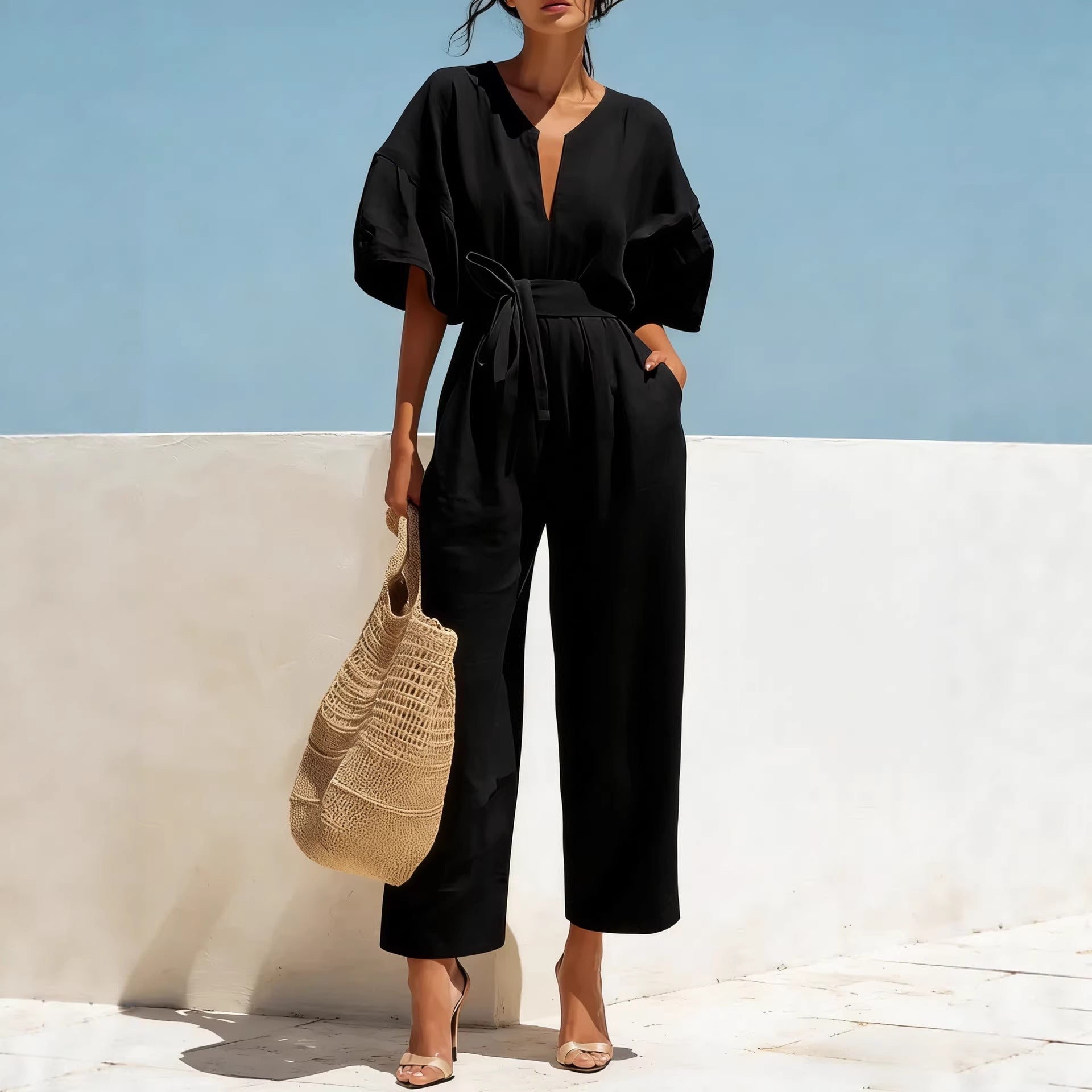 Fashionable V-Neck Solid Cotton-Linen Jumpsuit Beachwear Dress For Women Aurélia